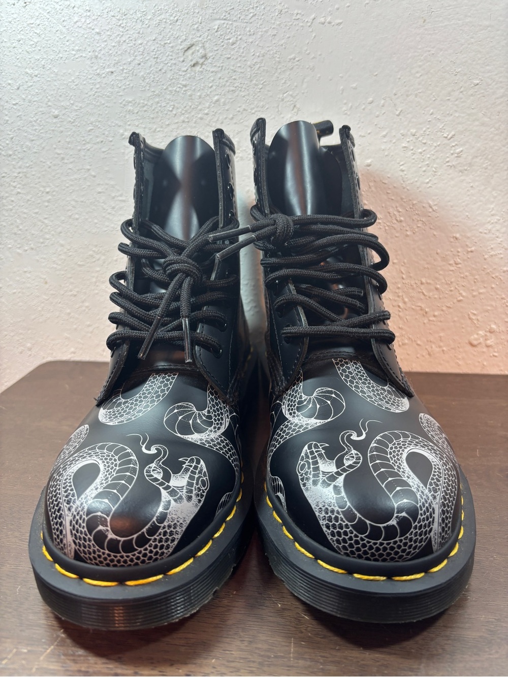 Dr. Martens Black Lace-Up Boots with White Snake Print and Yellow Stitching - Picture 3 of 8